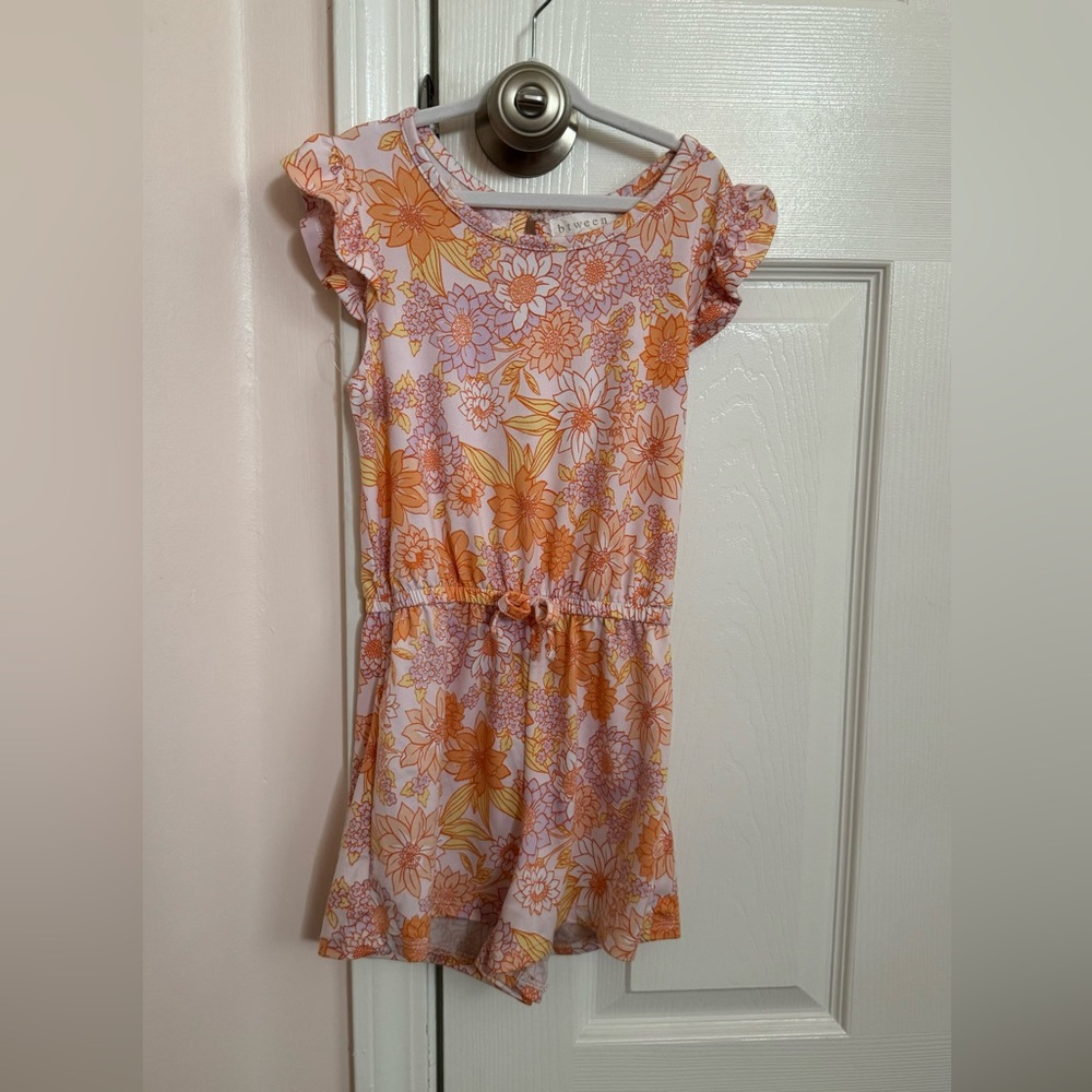Btween Romper Girls 7 Orange Floral Stretch Ruffle Casual Summer Cute